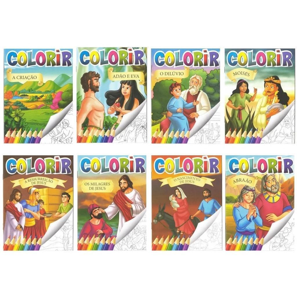 Kit Com 24 Livros Biblicos Infantil 16 Ler E 8 Pintar Colorir