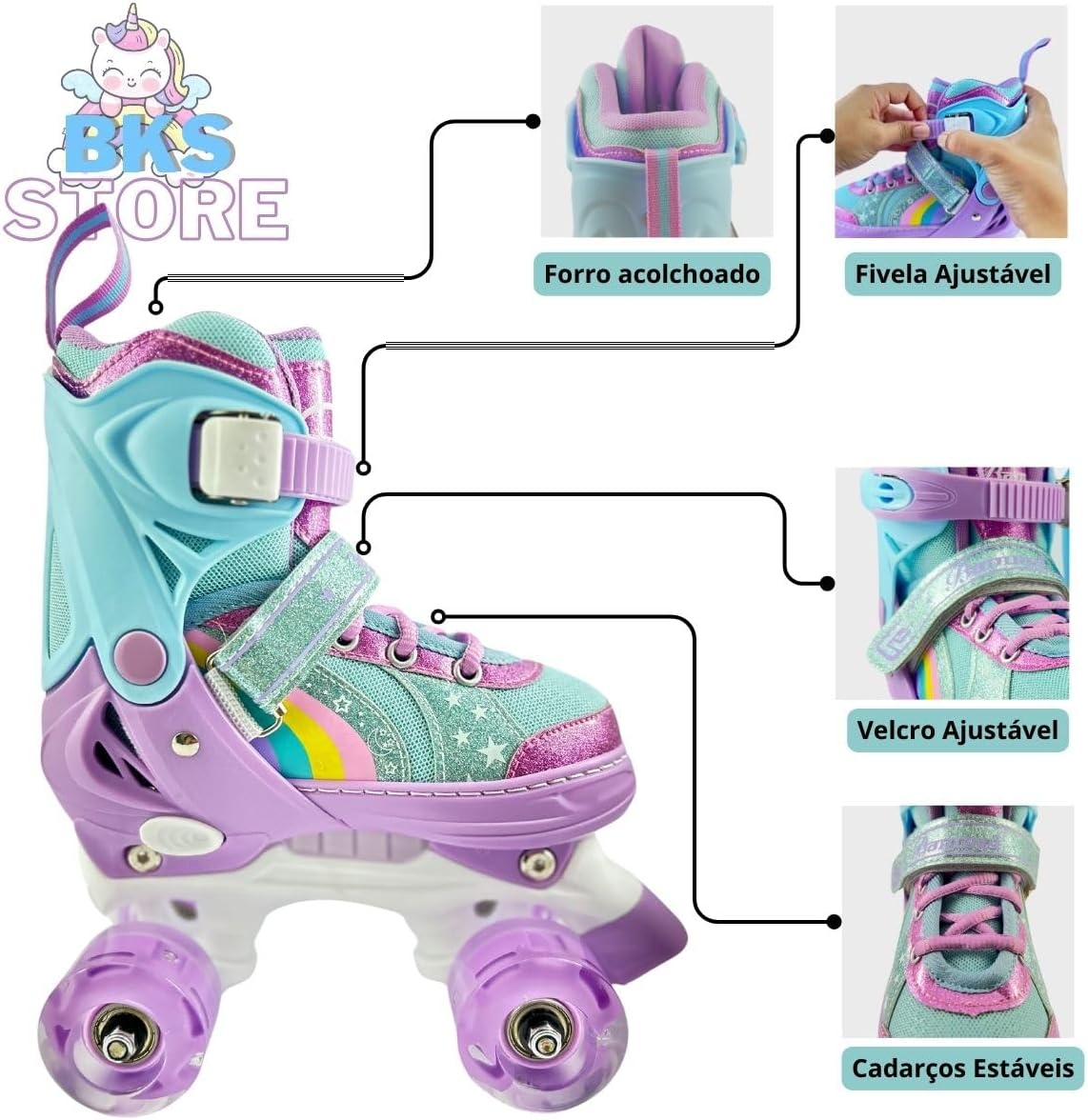Patins Infantil 4 Rodas, Ajustável em 4 Tamanhos.