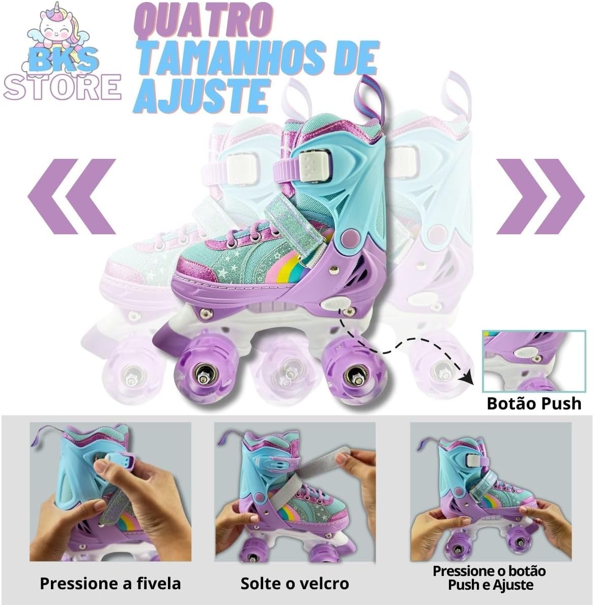 Patins Infantil 4 Rodas, Ajustável em 4 Tamanhos.